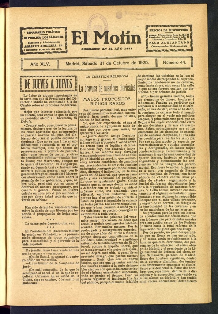 Miniatura de El Motín : periódico satírico semanal del 31 de octubre de 1925, nº 44