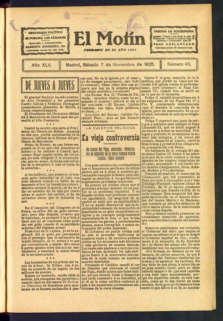 Miniatura de El Motín : periódico satírico semanal del 7 de noviembre de 1925, nº 45