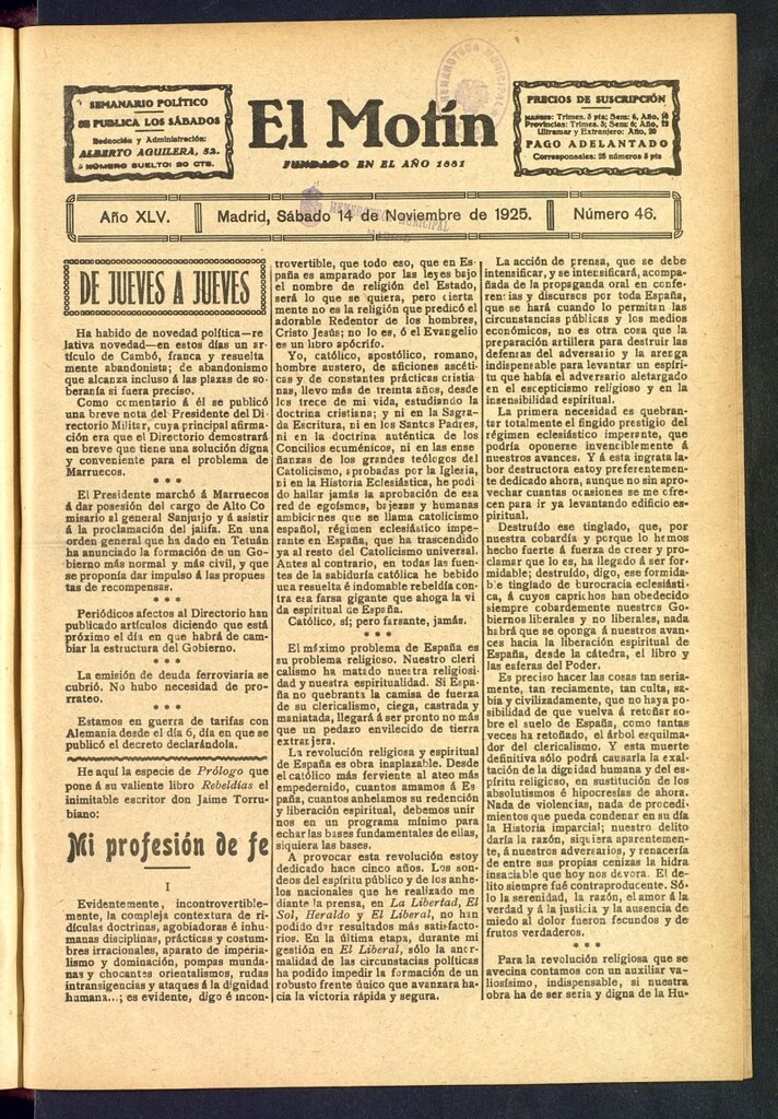 Miniatura de El Motín : periódico satírico semanal del 14 de noviembre de 1925, nº 46