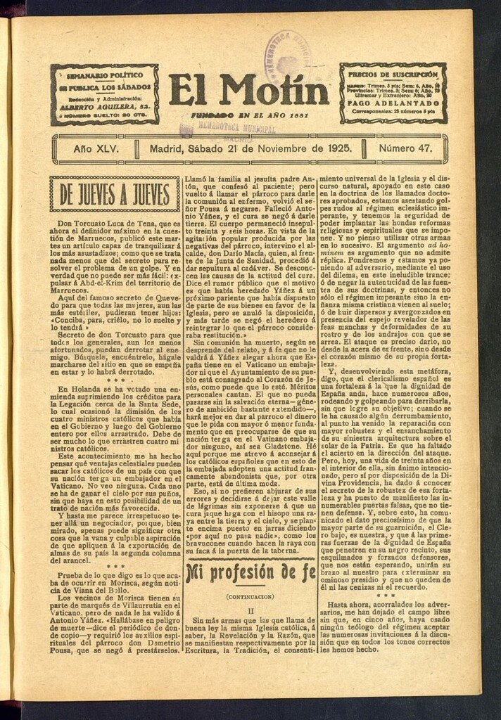 Miniatura de El Motín : periódico satírico semanal del 21 de noviembre de 1925, nº 47
