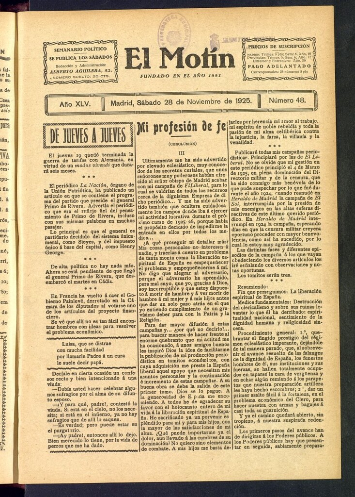 Miniatura de El Motín : periódico satírico semanal del 28 de noviembre de 1925, nº 48