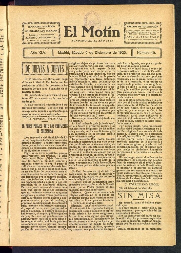 Miniatura de El Motín : periódico satírico semanal del 5 de diciembre de 1925, nº 49