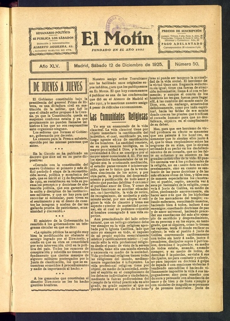 Miniatura de El Motín : periódico satírico semanal del 12 de diciembre de 1925, nº 50
