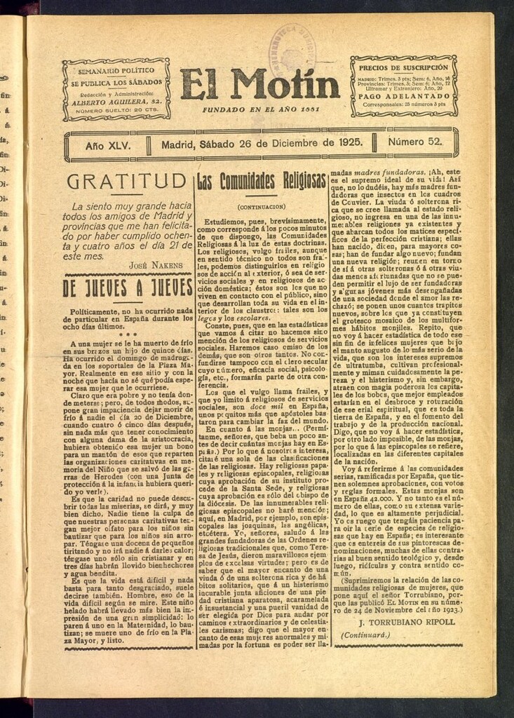 Miniatura de El Motín : periódico satírico semanal del 26 de diciembre de 1925, nº 52
