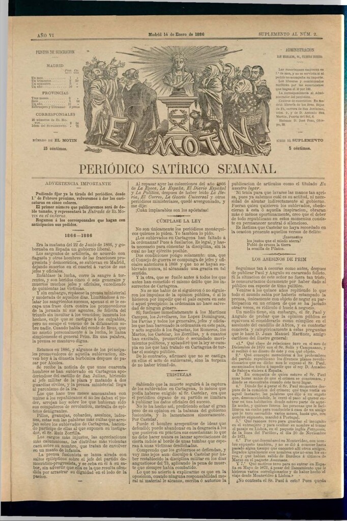 Miniatura de El Motín: periódico satírico semanal del 14 de enero de 1886