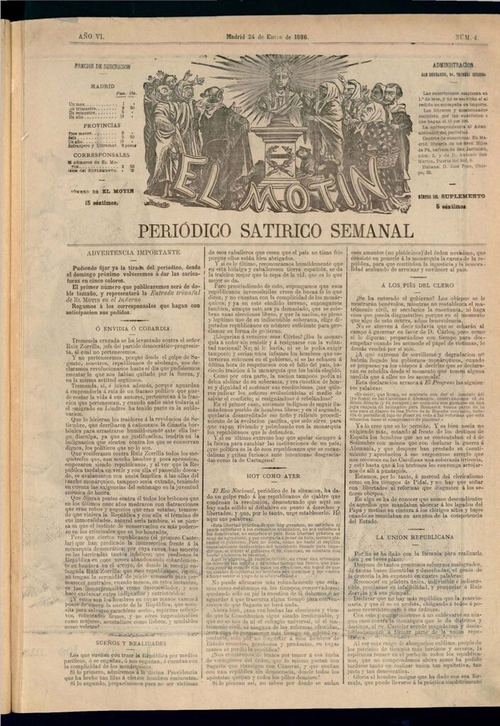 Miniatura de El Motín: periódico satírico semanal del 24 de enero de 1886