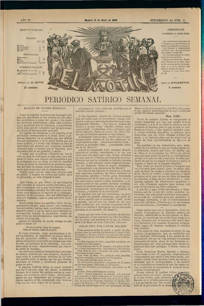Miniatura de El Motín: periódico satírico semanal del 15 de abril de 1886