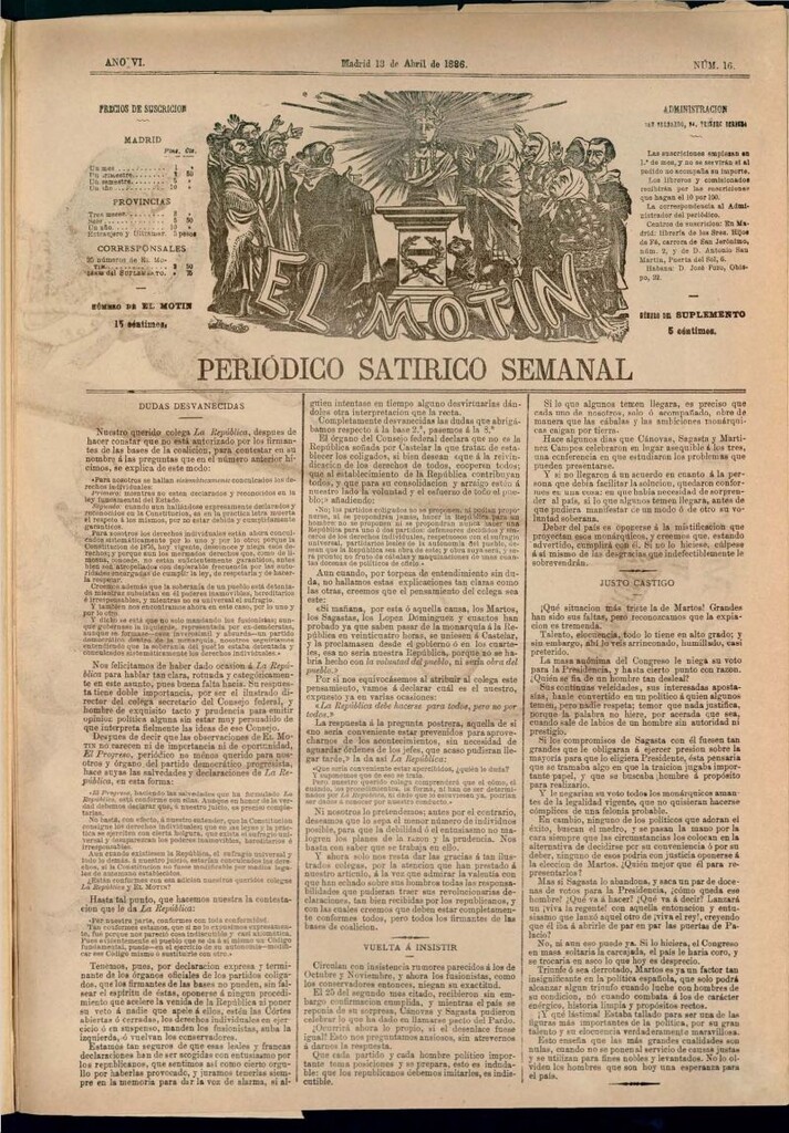 Miniatura de El Motín: periódico satírico semanal del 18 de abril de 1886