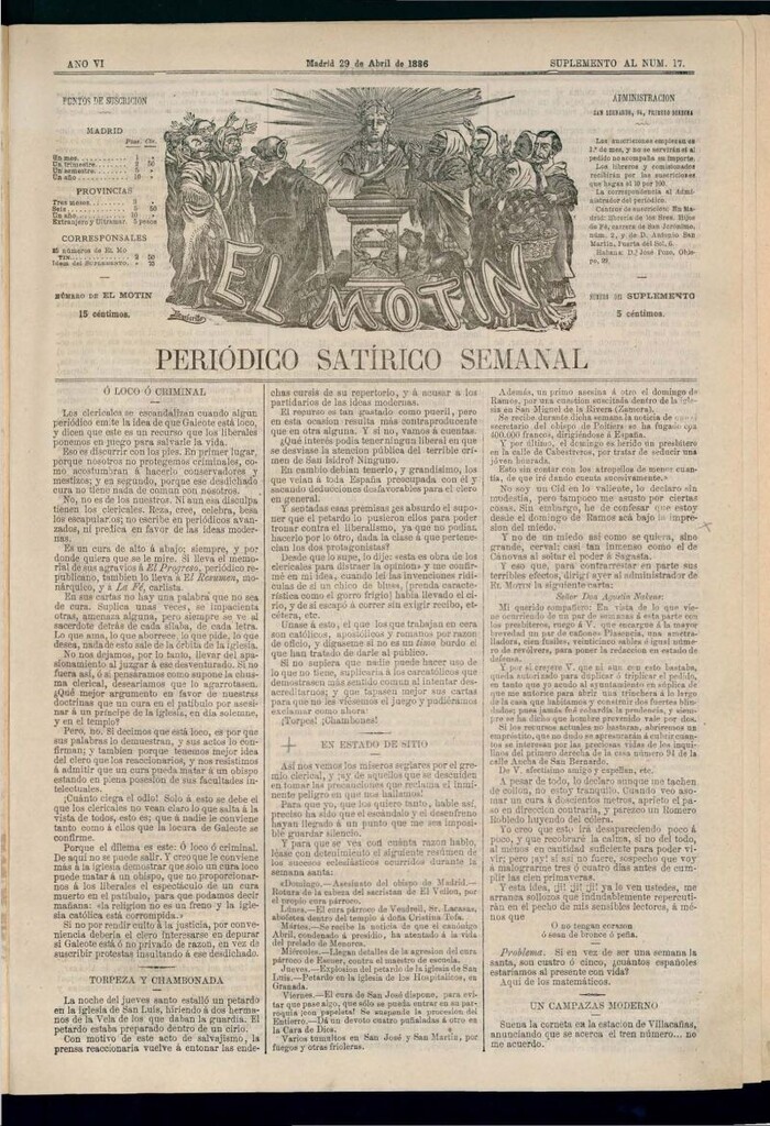 Miniatura de El Motín: periódico satírico semanal del 29 de abril de 1886