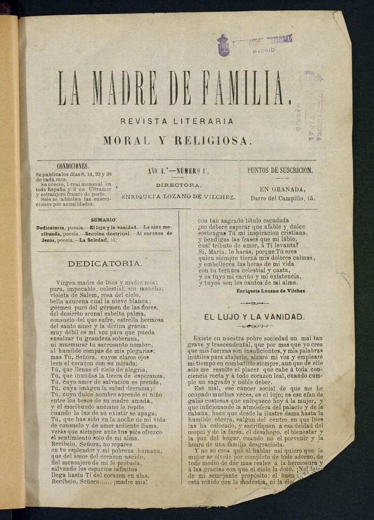 Miniatura de Madre de Familia : revista semanal de 1878, nº 1