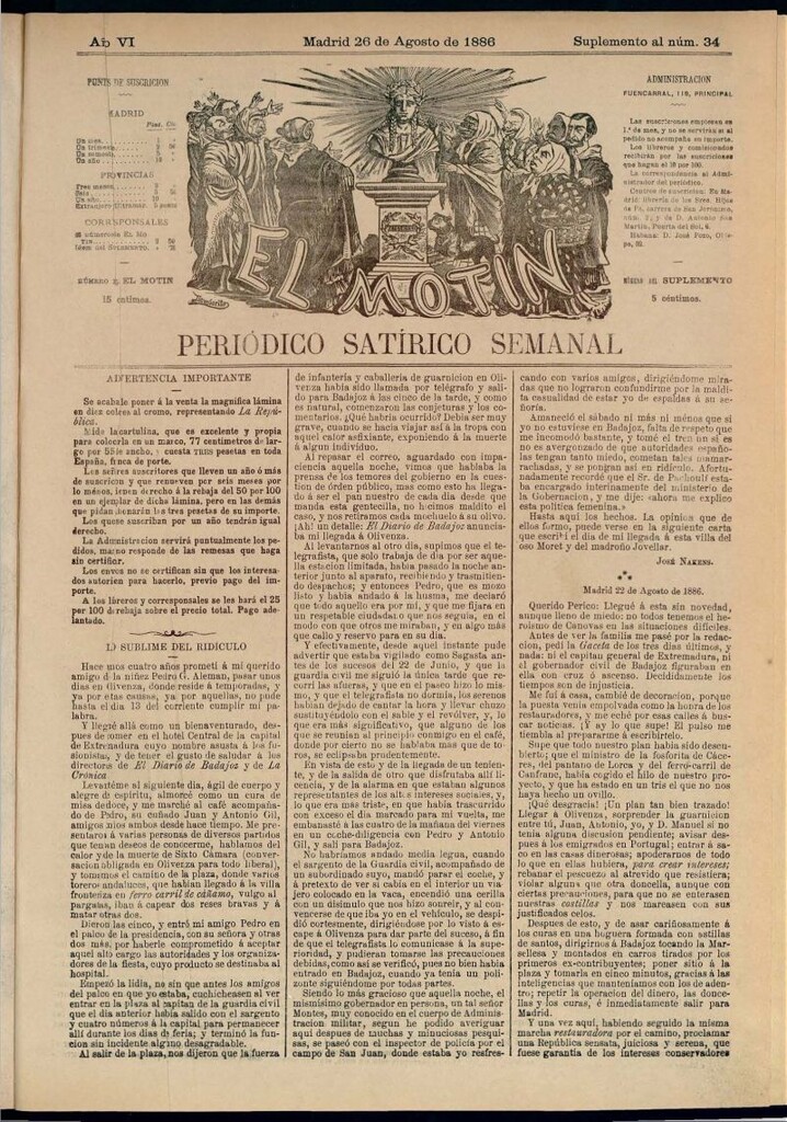 Miniatura de El Motín: periódico satírico semanal del 26 de agosto de 1886
