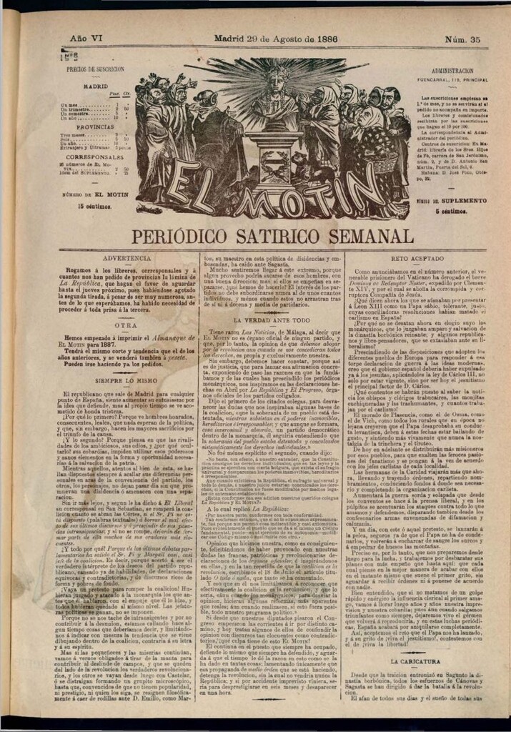 Miniatura de El Motín: periódico satírico semanal del 29 de agosto de 1886