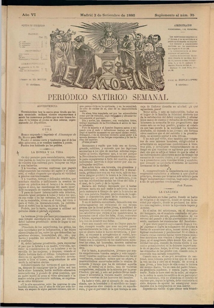 Miniatura de El Motín: periódico satírico semanal del 2 de septiembre de 1886
