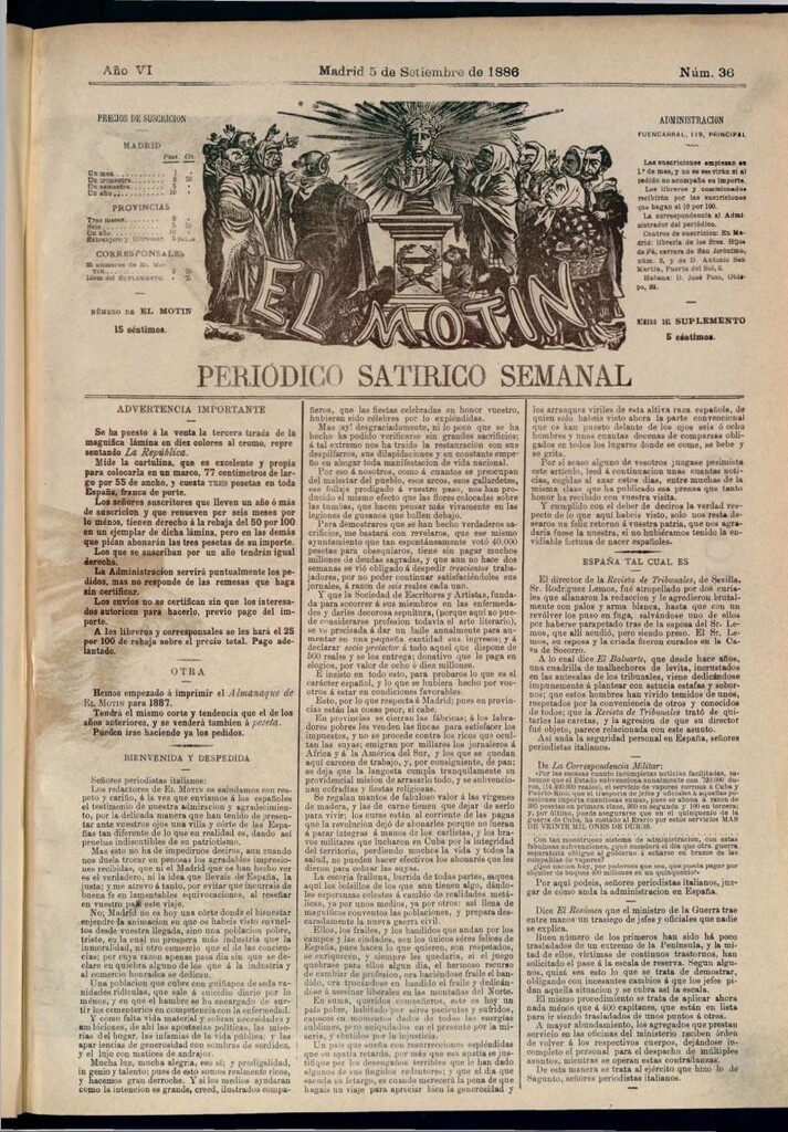 Miniatura de El Motín: periódico satírico semanal del 5 de septiembre de 1886