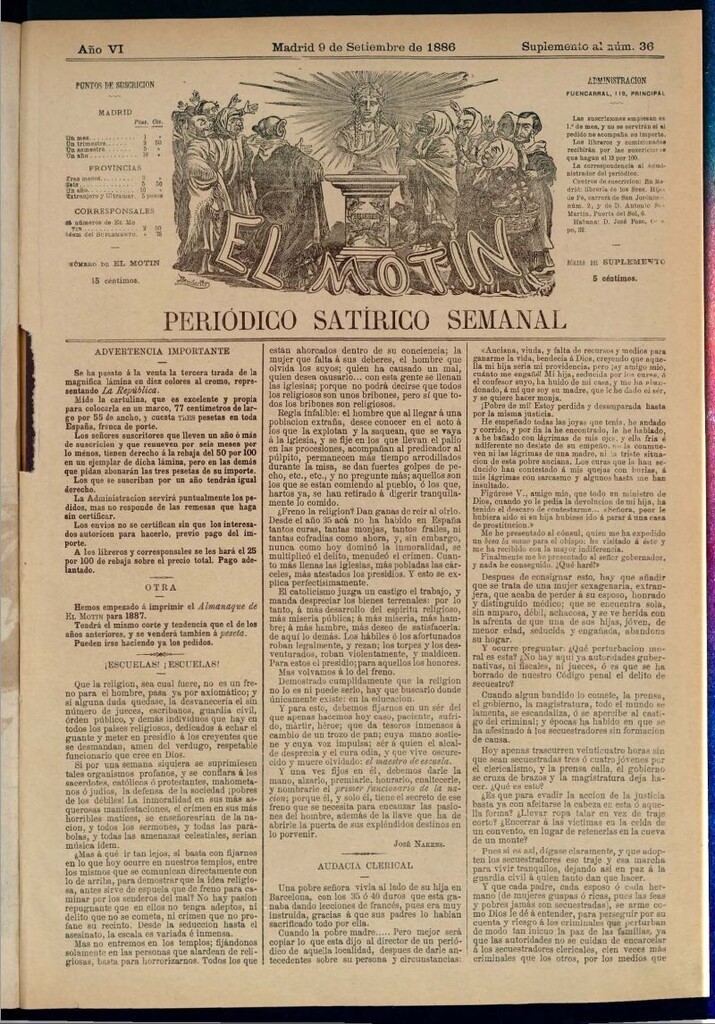 Miniatura de El Motín: periódico satírico semanal del 9 de septiembre de 1886