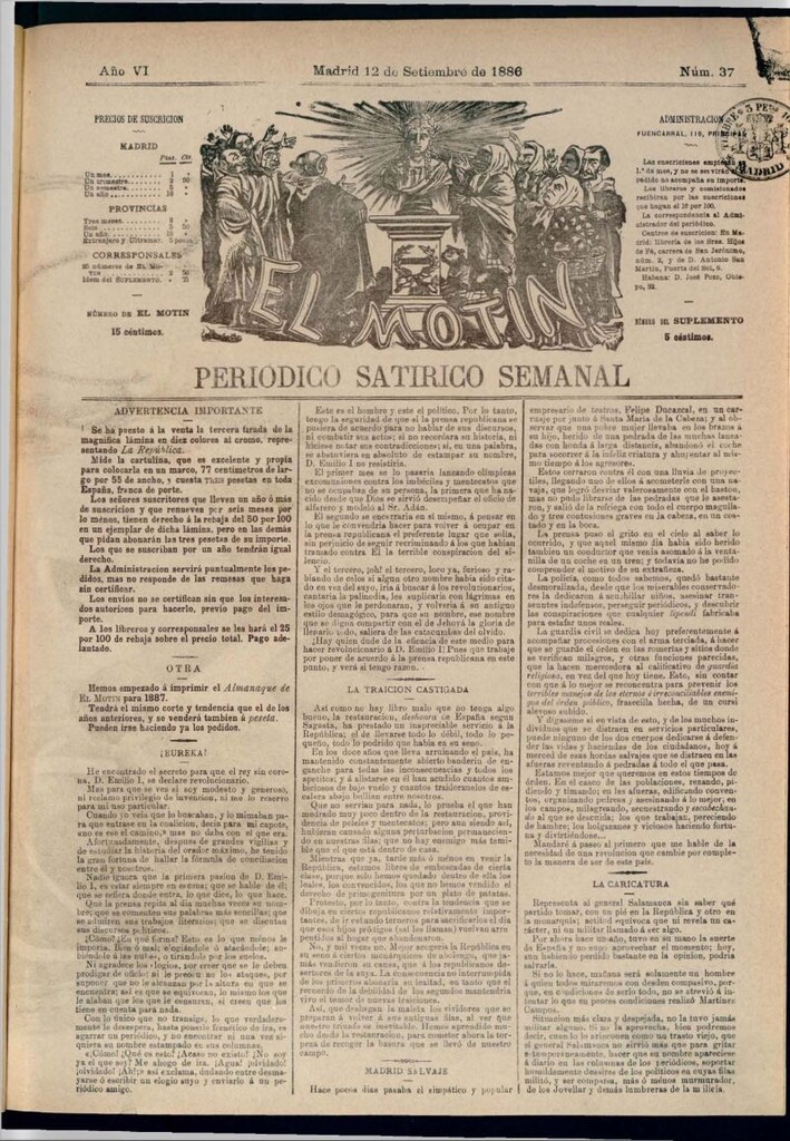 Miniatura de El Motín: periódico satírico semanal del 12 de septiembre de 1886