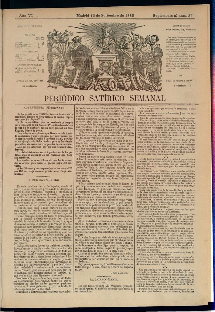 Miniatura de El Motín: periódico satírico semanal del 16 de septiembre de 1886