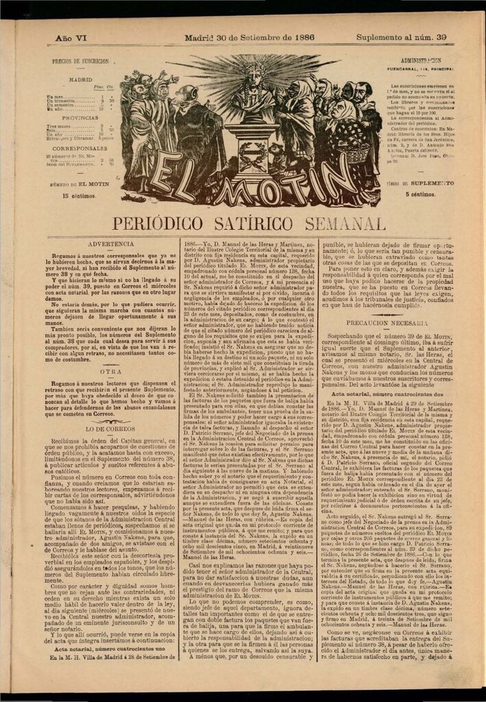 Miniatura de El Motín: periódico satírico semanal del 30 de septiembre de 1886