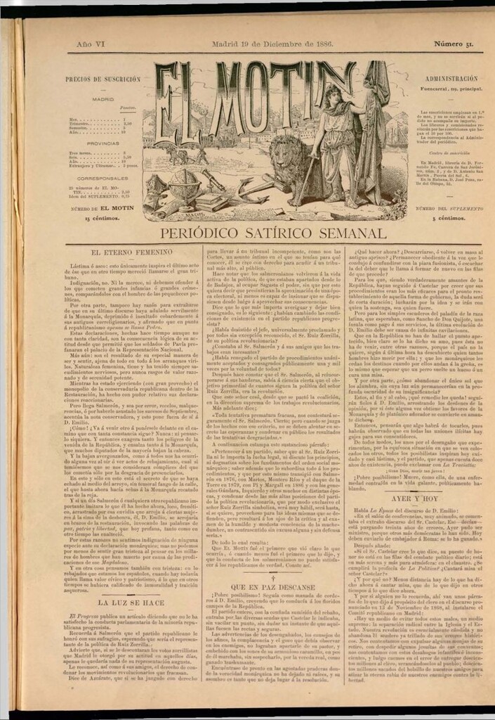 Miniatura de El Motín: periódico satírico semanal del 19 de diciembre de 1886