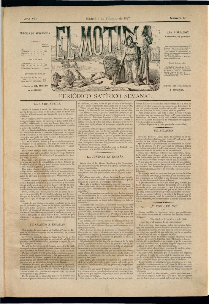 Miniatura de El Motín: periódico satírico semanal del 6 de febrero de 1887