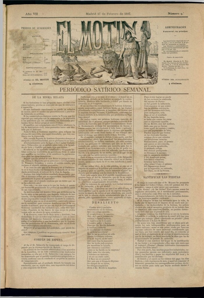 Miniatura de El Motín: periódico satírico semanal del 27 de febrero de 1887