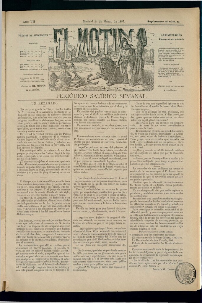 Miniatura de El Motín: periódico satírico semanal del 24 de marzo de 1887