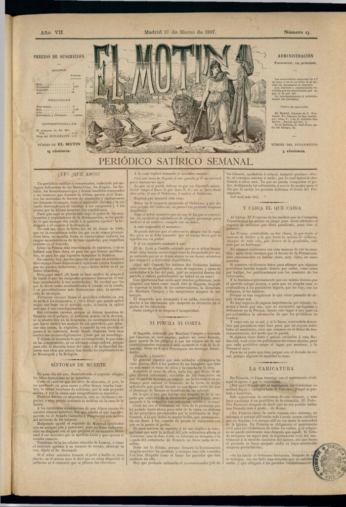 Miniatura de El Motín: periódico satírico semanal del 27 de marzo de 1887