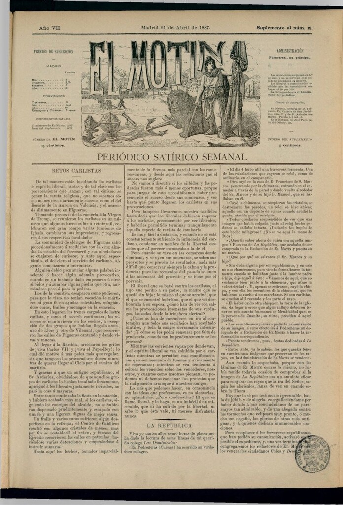 Miniatura de El Motín: periódico satírico semanal del 21 de abril de 1887