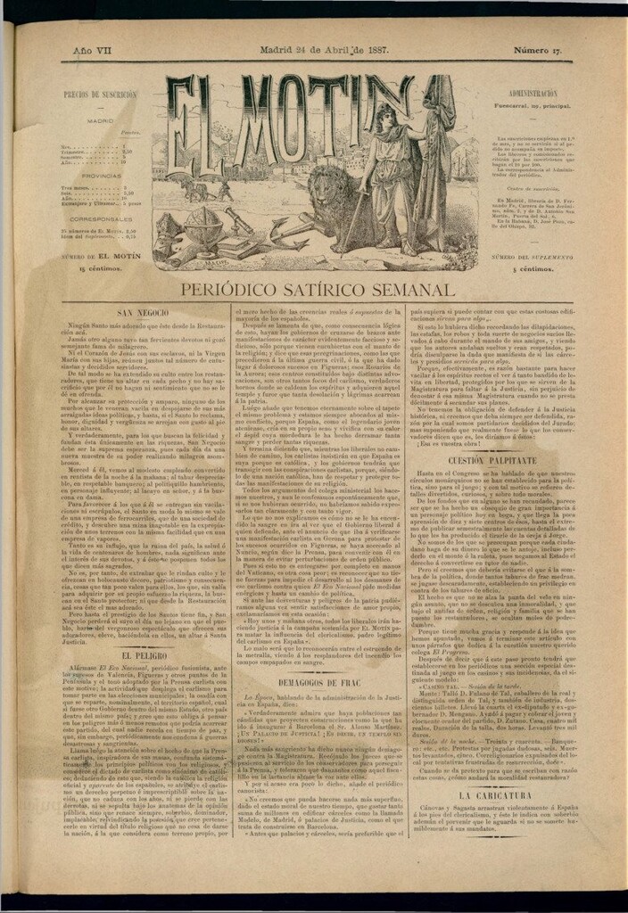 Miniatura de El Motín: periódico satírico semanal del 24 de abril de 1887