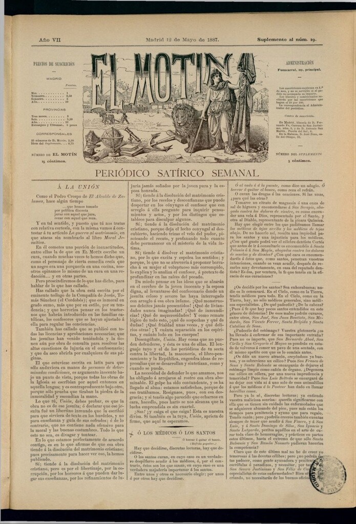 Miniatura de El Motín: periódico satírico semanal del 12 de mayo de 1887