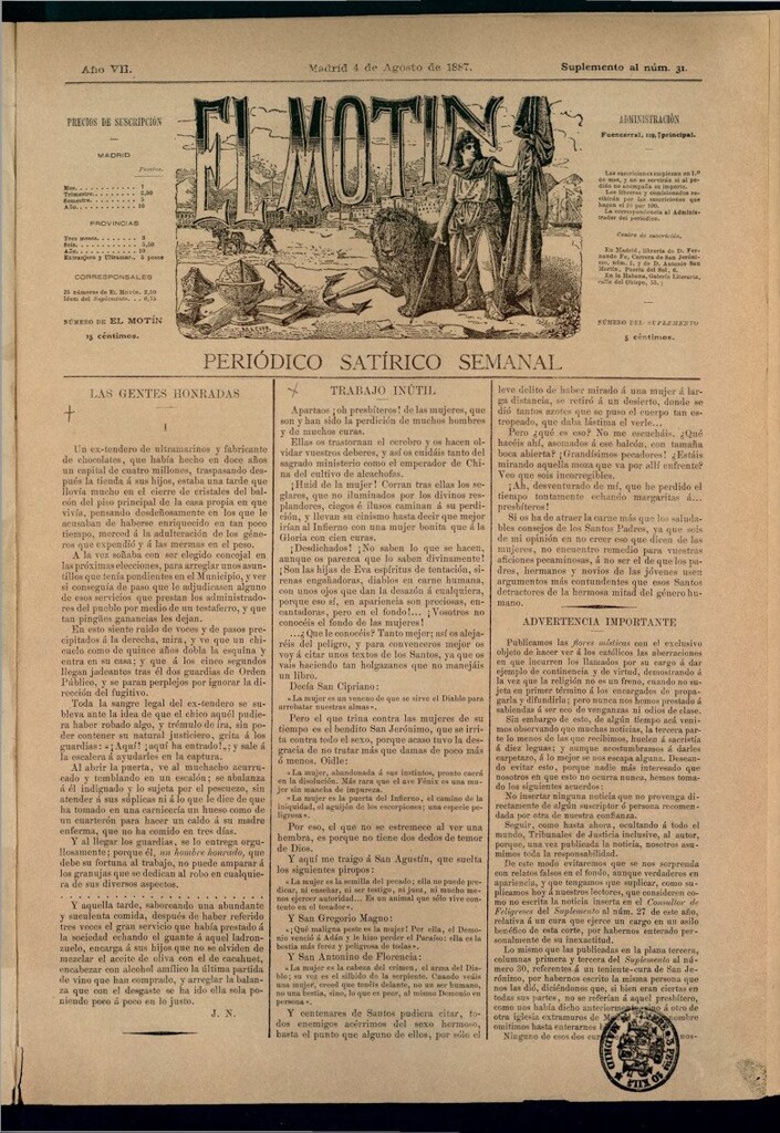 Miniatura de El Motín: periódico satírico semanal del 4 de agosto de 1887