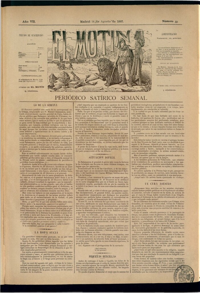 Miniatura de El Motín: periódico satírico semanal del 14 de agosto de 1887