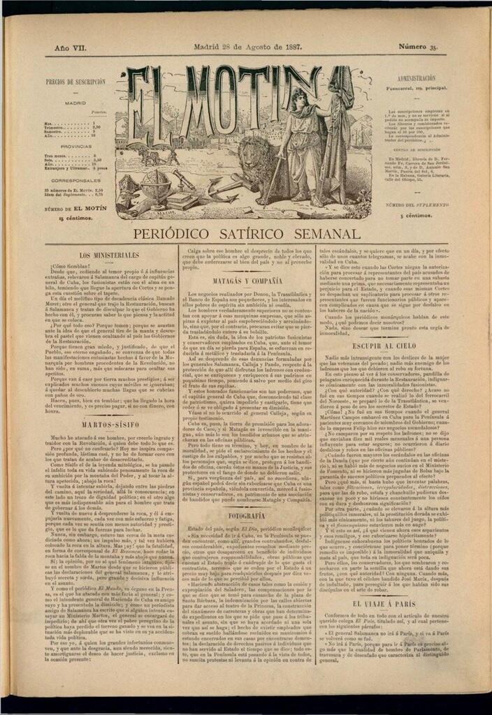Miniatura de El Motín: periódico satírico semanal del 28 de agosto de 1887