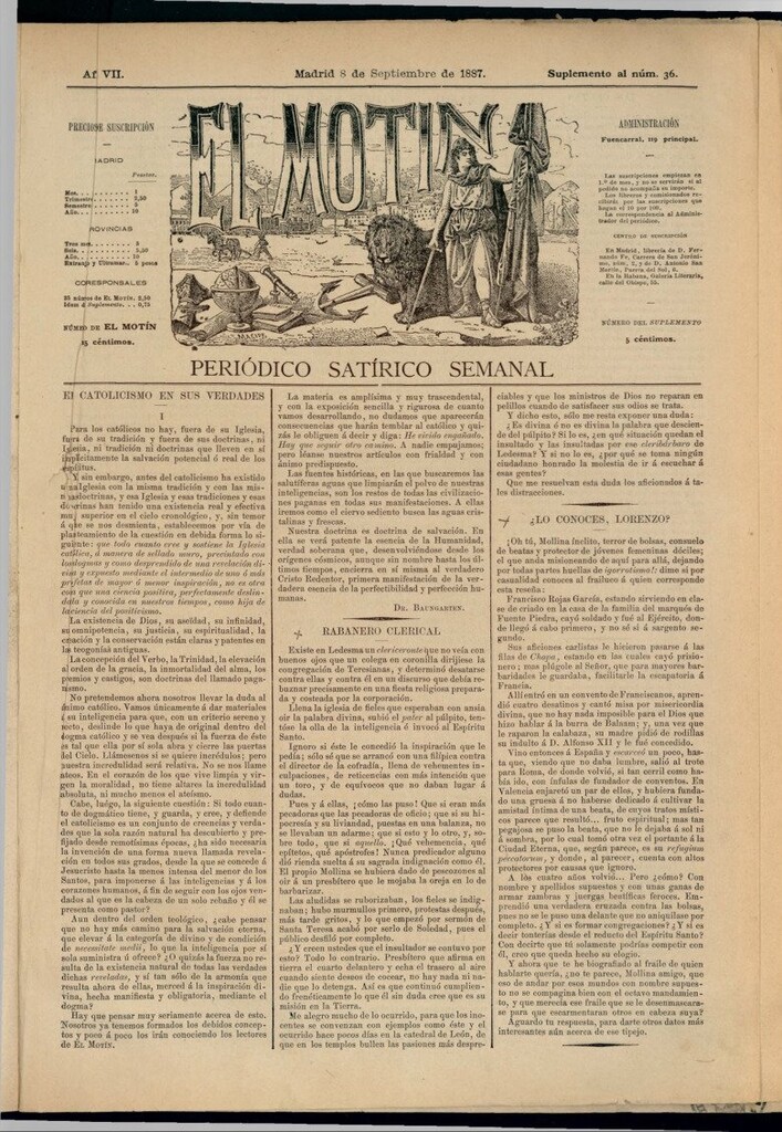 Miniatura de El Motín: periódico satírico semanal del 8 de septiembre de 1887