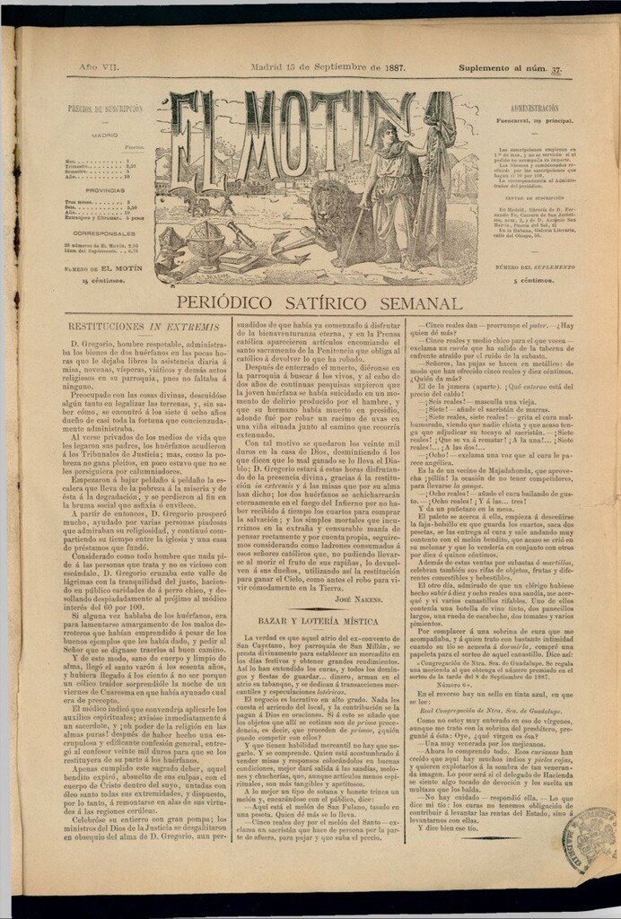 Miniatura de El Motín: periódico satírico semanal del 15 de septiembre de 1887