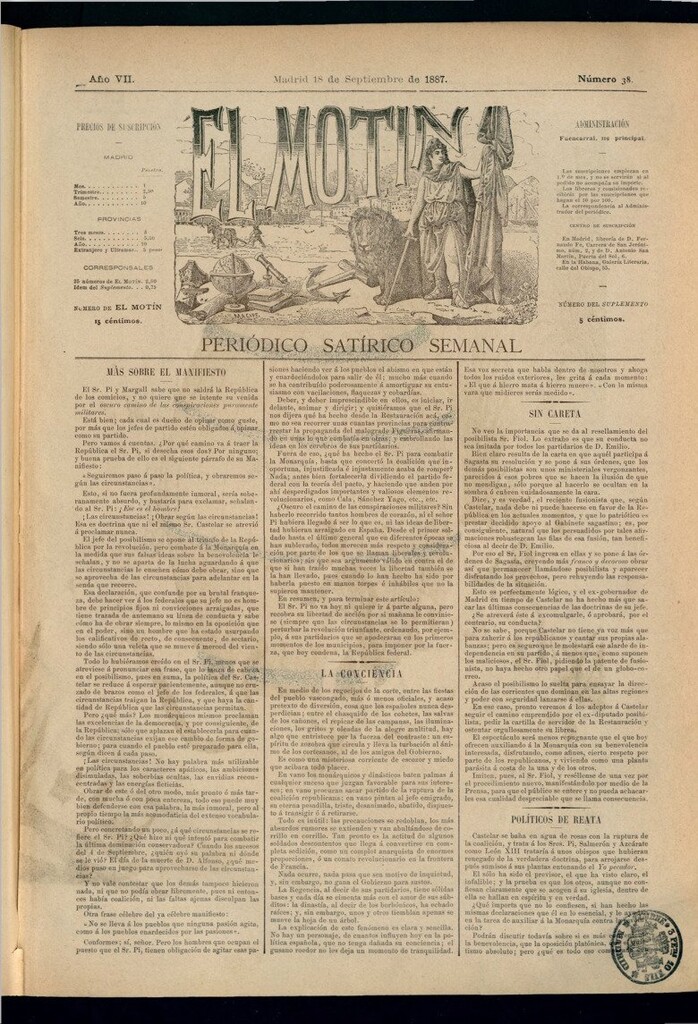Miniatura de El Motín: periódico satírico semanal del 18 de septiembre de 1887