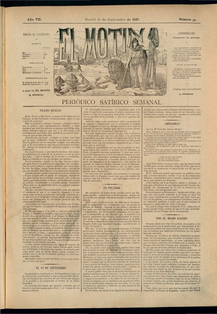 Miniatura de El Motín: periódico satírico semanal del 25 de septiembre de 1887