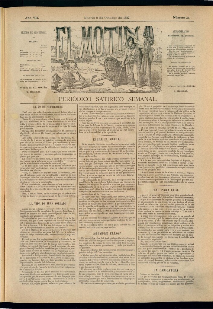Miniatura de El Motín: periódico satírico semanal del 2 de octubre de 1887