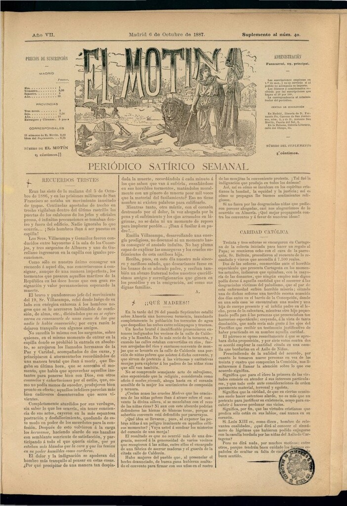 Miniatura de El Motín: periódico satírico semanal del 6 de octubre de 1887