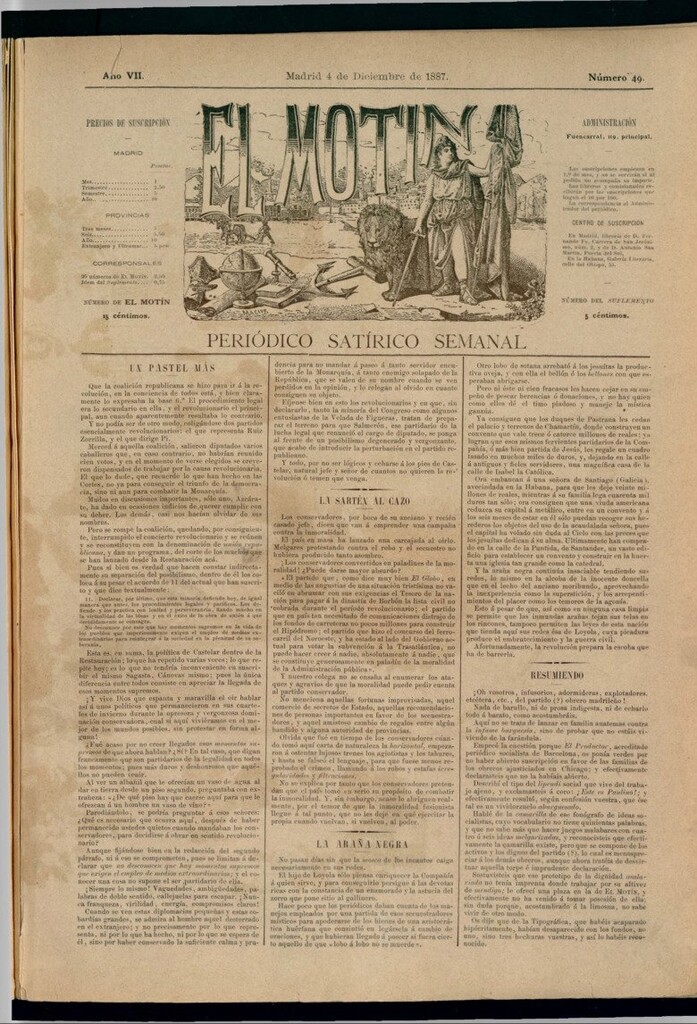 Miniatura de El Motín: periódico satírico semanal del 4 de diciembre de 1887