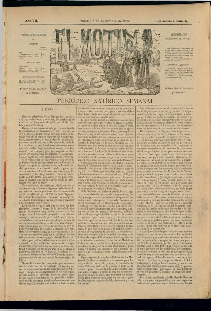 Miniatura de El Motín: periódico satírico semanal del 8 de diciembre de 1887