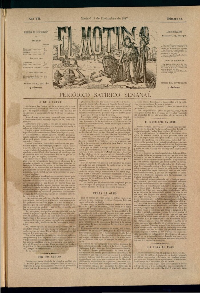Miniatura de El Motín: periódico satírico semanal del 11 de diciembre de 1887