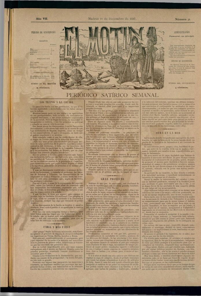 Miniatura de El Motín: periódico satírico semanal del 18 de diciembre de 1887