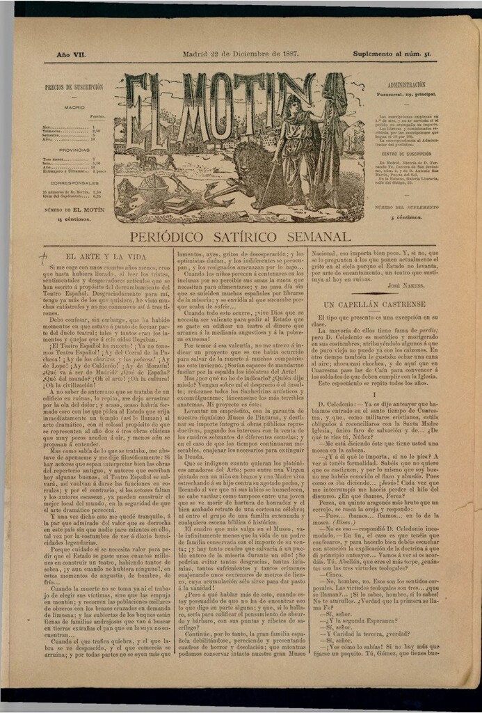 Miniatura de El Motín: periódico satírico semanal del 22 de diciembre de 1887