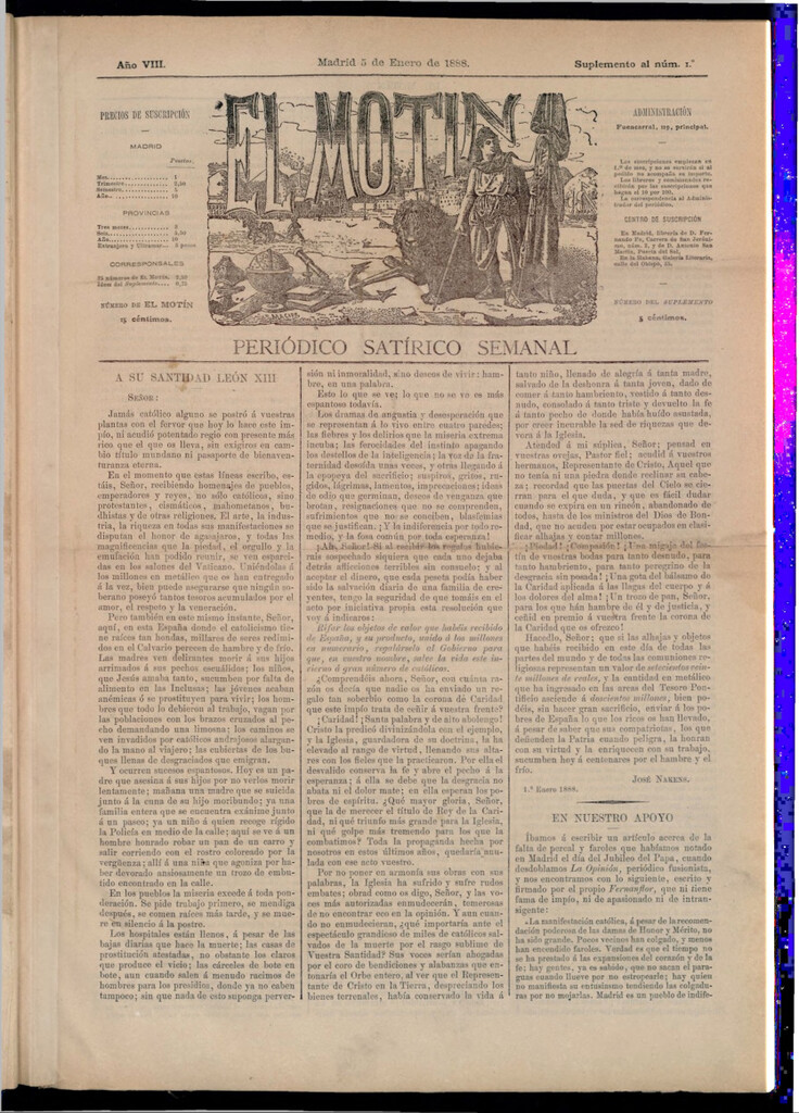Miniatura de El Motín: periódico satírico semanal del 5 de enero de 1888
