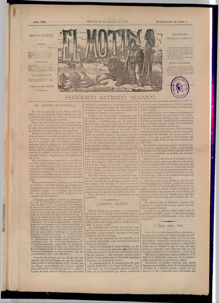 Miniatura de El Motín: periódico satírico semanal del 12 de enero de 1888
