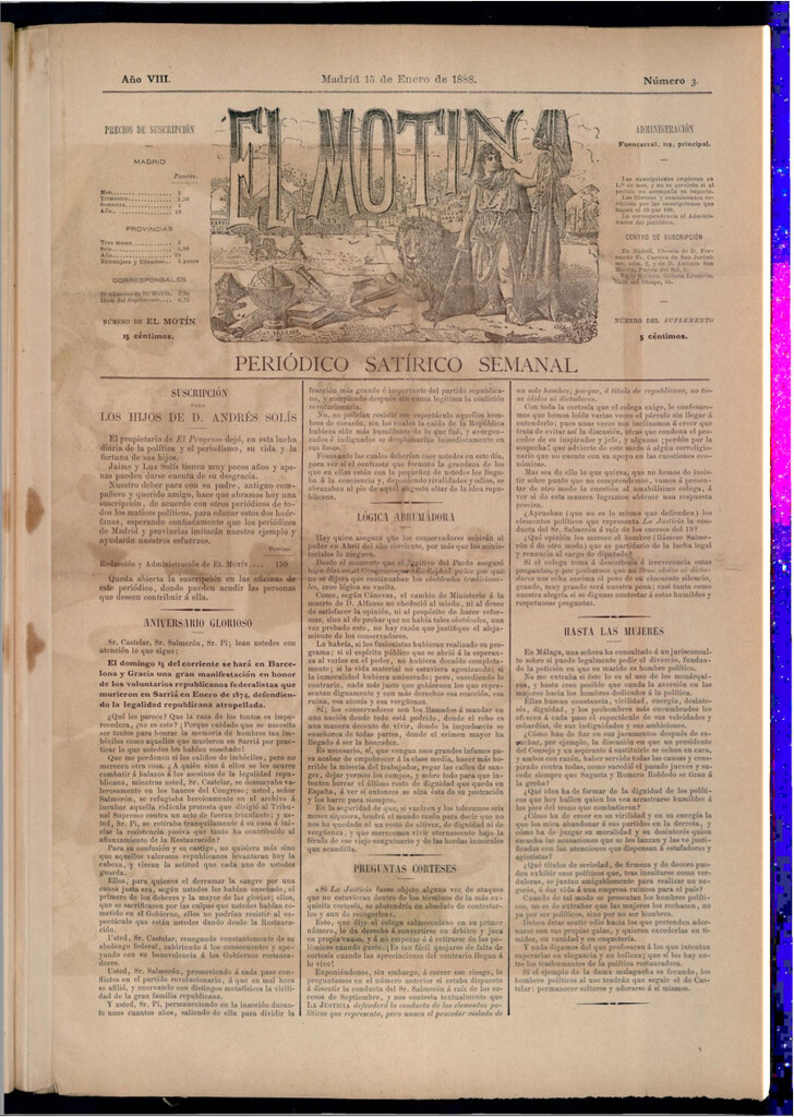 Miniatura de El Motín: periódico satírico semanal del 15 de enero de 1888