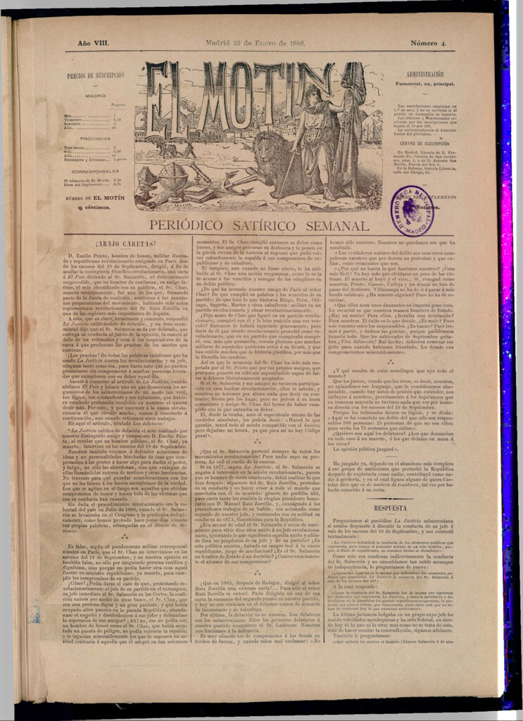 Miniatura de El Motín: periódico satírico semanal del 22 de enero de 1888