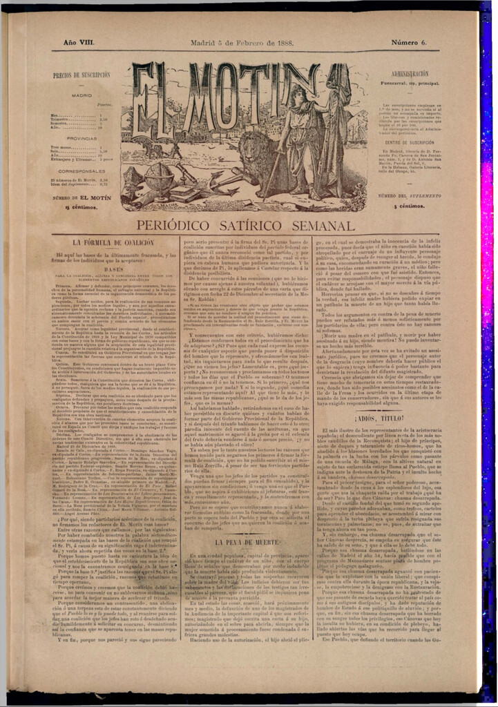 Miniatura de El Motín: periódico satírico semanal del 5 de febrero de 1888
