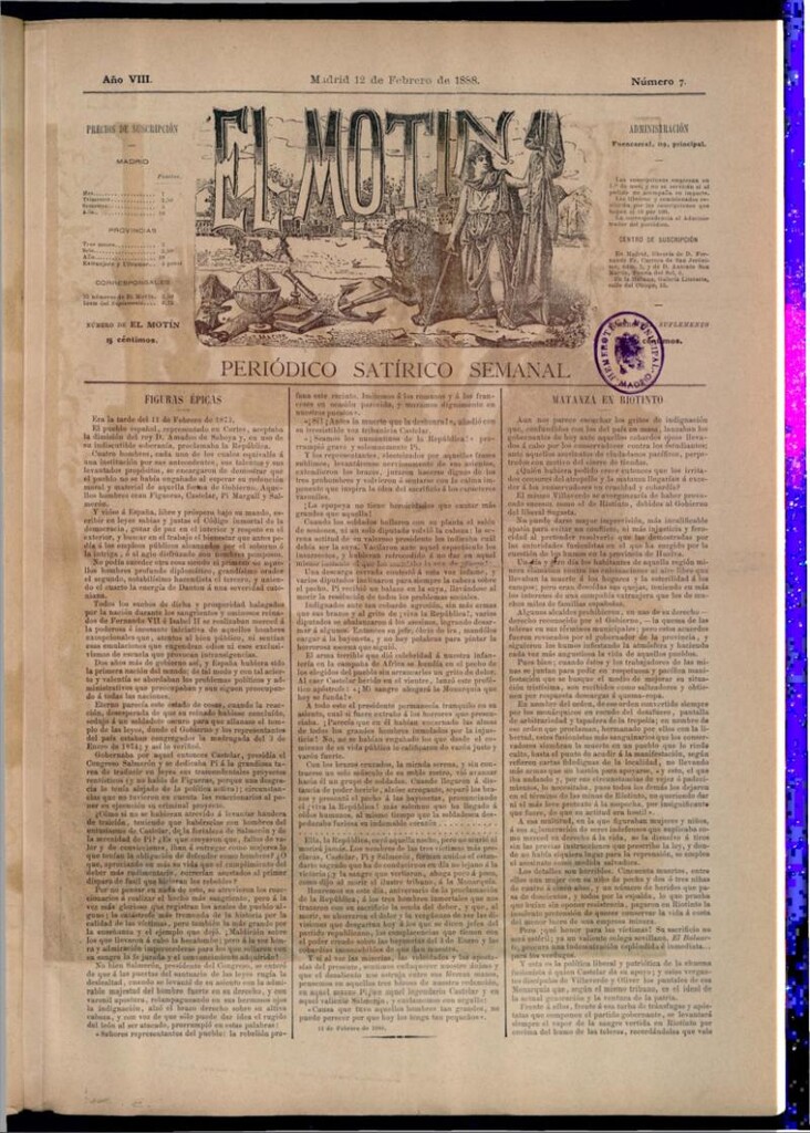 Miniatura de El Motín: periódico satírico semanal del 12 de febrero de 1888